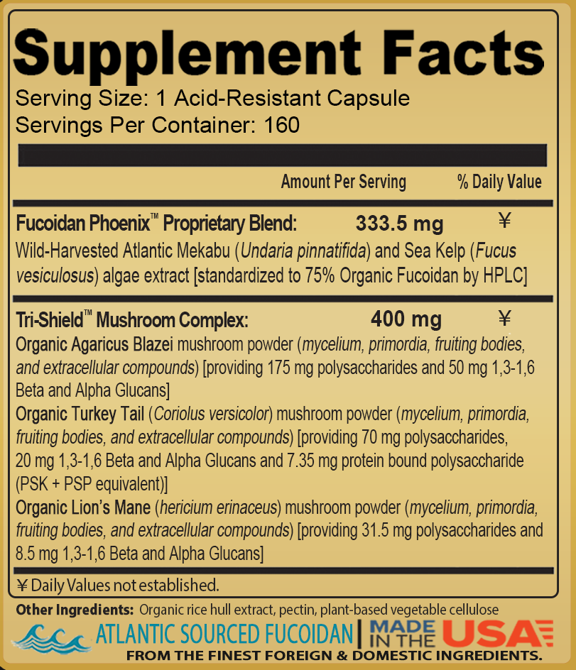 Supplement facts label for Fucoidan Phoenix