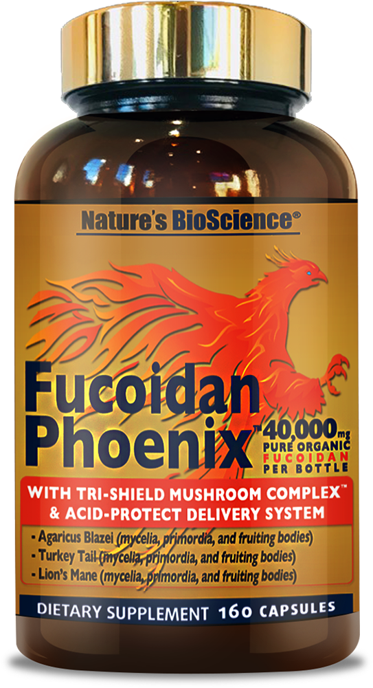 Fucoidan Phoenix with trishield mushroom complex and acid protect delivery system agaricus blazei turkey tail lion's mane 40,000mg pure organic fucoidan per bottle ngbioscience nature's bioscience nextgen 160 capsules