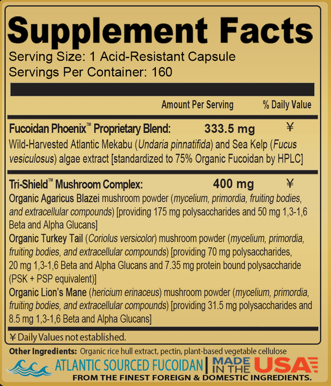 Supplement facts label for Fucoidan Phoenix
