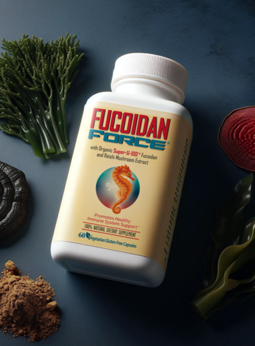 Bottle of fucoidan force with all the ingredients