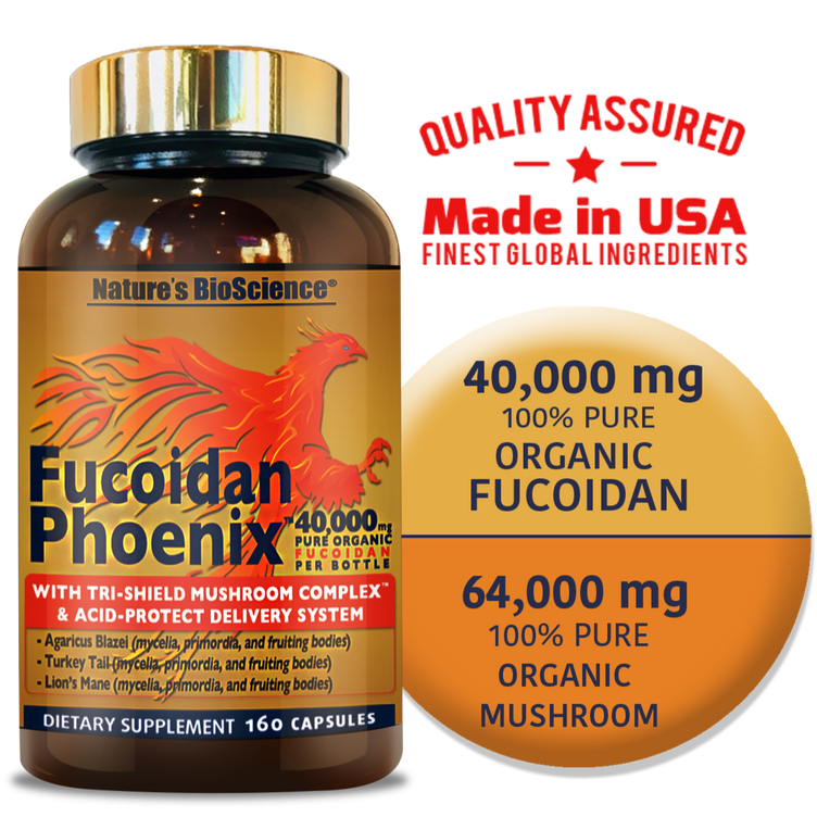 made in the usa with the finest global ingredients quality assured facts about fucoidan phoenix 40,000 mg 100% pure organic fucoidan 64,000 mg pure organic mushroom 