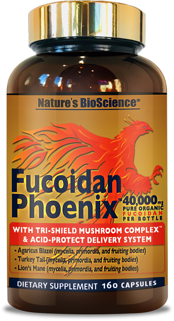 Fucoidan Phoenix with trishield mushroom complex and acid protect delivery system agaricus blazei turkey tail lion's mane 40,000mg pure organic fucoidan per bottle ngbioscience nature's bioscience nextgen 160 capsules