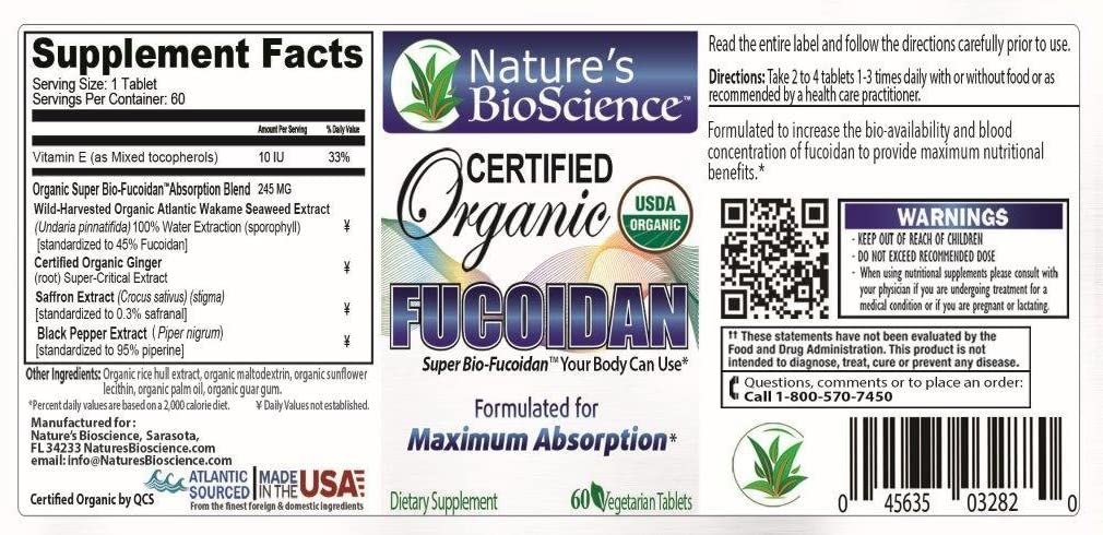 Supplement facts and other labels on a bottle of Organic Fucoidan