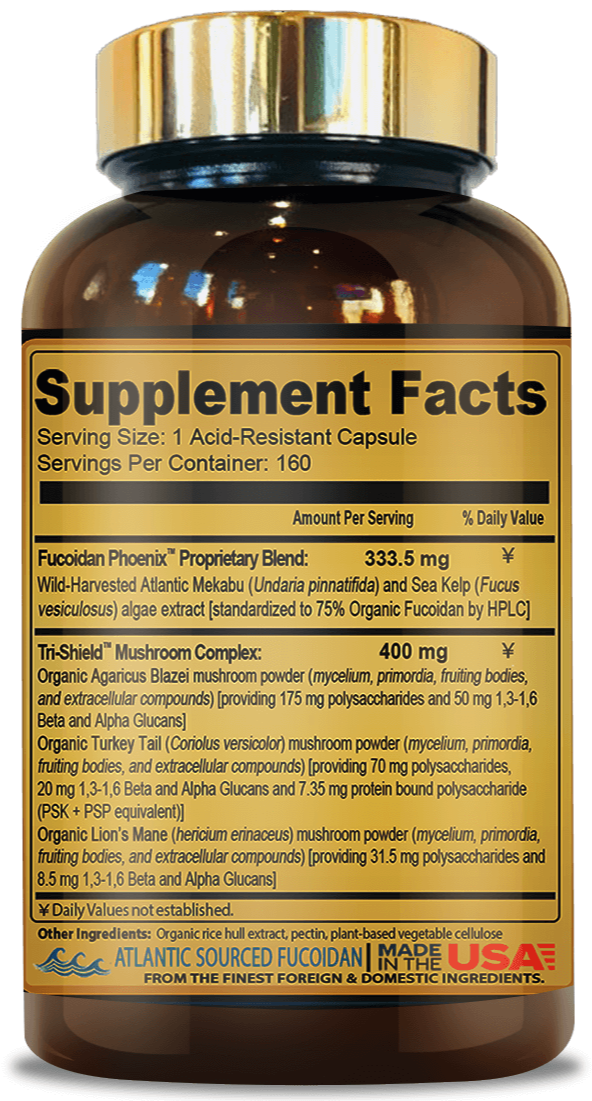 Fucoidan Phoenix label and back of the bottle